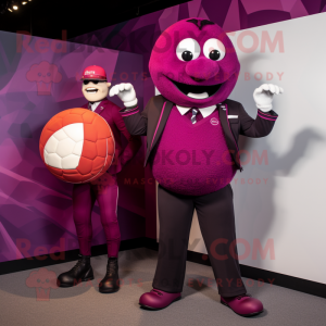 Magenta Rugby Ball mascot costume character dressed with a Suit Jacket and Watches