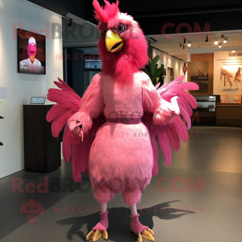 Pink Roosters mascot costume character dressed with a Empire Waist Dress and Belts Pink Roosters mascot costume character dressed with a Empire Waist Dress and Belts