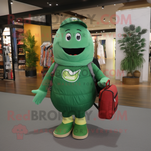 Forest Green Squash mascot costume character dressed with a T-Shirt and Messenger bags