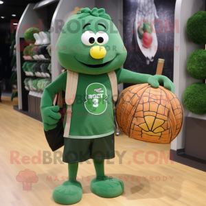 Forest Green Squash mascot costume character dressed with a T-Shirt and Messenger bags