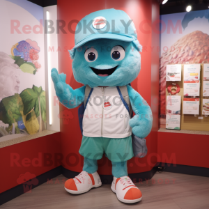 Turquoise Strawberry mascot costume character dressed with a Cargo Shorts and Beanies