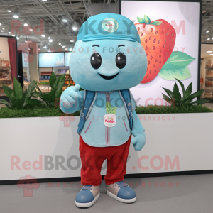 Turquoise Strawberry mascot costume character dressed with a Cargo Shorts and Beanies