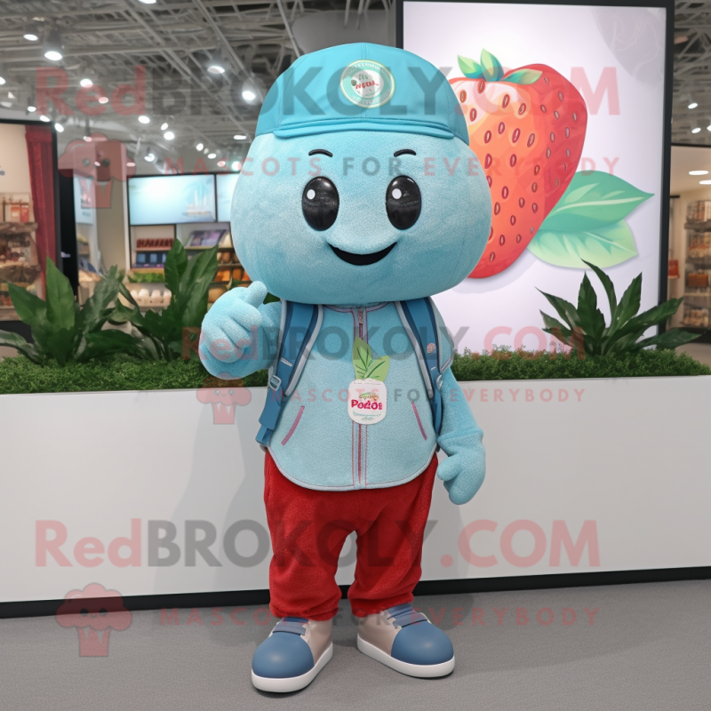 Turquoise Strawberry mascot costume character dressed with a Cargo Shorts and Beanies Turquoise Strawberry mascot costume character dressed with a Cargo Shorts and Beanies