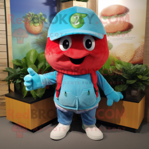 Turquoise Strawberry mascot costume character dressed with a Cargo Shorts and Beanies