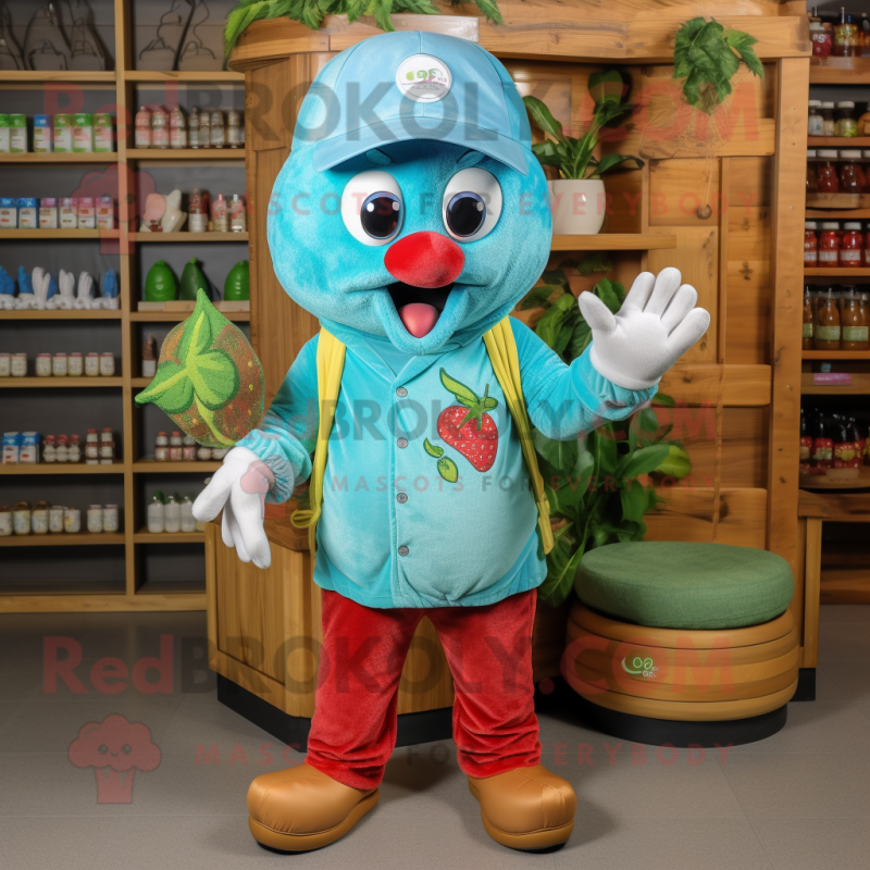 Turquoise Strawberry mascot costume character dressed with a Cargo Shorts and Beanies Turquoise Strawberry mascot costume character dressed with a Cargo Shorts and Beanies
