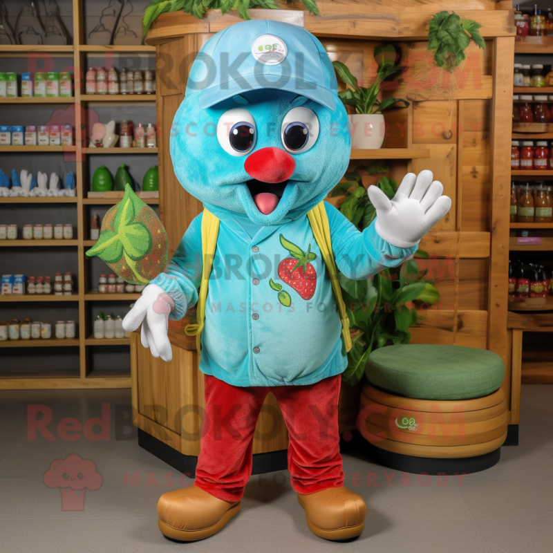 Turquoise Strawberry mascot costume character dressed with a Cargo Shorts and Beanies