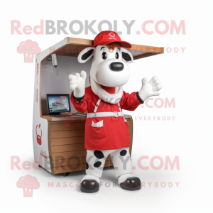 Red Holstein Cow mascot costume character dressed with a Cargo Shorts and Caps