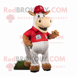 Red Holstein Cow mascot costume character dressed with a Cargo Shorts and Caps