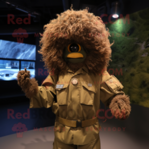 Brown Soldier mascot costume character dressed with a Parka and Hair clips