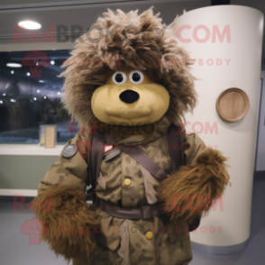 Brown Soldier mascot costume character dressed with a Parka and Hair clips