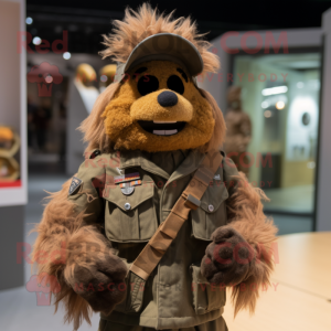 Brown Soldier mascot costume character dressed with a Parka and Hair clips