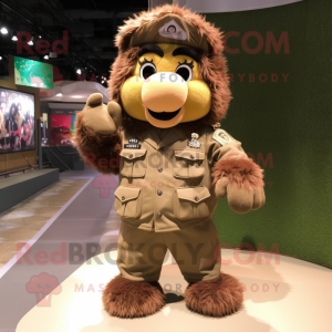 Brown Soldier mascot costume character dressed with a Parka and Hair clips
