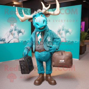 Turquoise Irish Elk mascot costume character dressed with a Blazer and Messenger bags