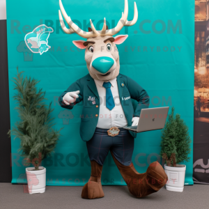 Turquoise Irish Elk mascot costume character dressed with a Blazer and Messenger bags