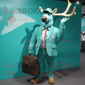 Turquoise Irish Elk mascot costume character dressed with a Blazer and Messenger bags