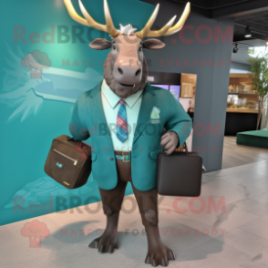 Turquoise Irish Elk mascot costume character dressed with a Blazer and Messenger bags