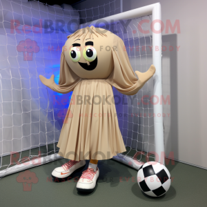 Tan Soccer Goal mascot costume character dressed with a Dress and Shoe laces
