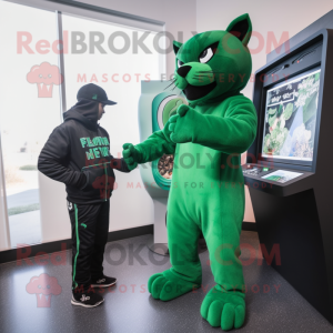 Green Panther mascot costume character dressed with a Sweater and Watches