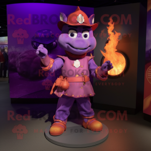 Purple Fire Fighter mascot costume character dressed with a A-Line Skirt and Necklaces