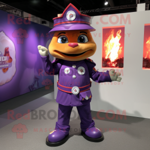 Purple Fire Fighter mascot costume character dressed with a A-Line Skirt and Necklaces