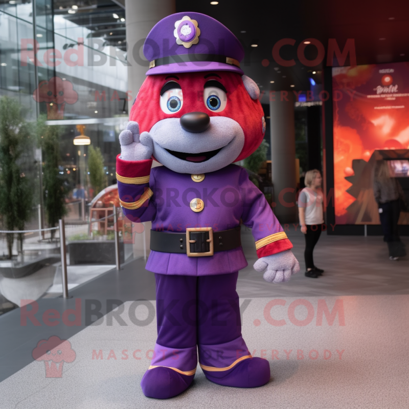 Purple Fire Fighter mascot costume character dressed with a A-Line Skirt and Necklaces Purple Fire Fighter mascot costume character dressed with a A-Line Skirt and Necklaces