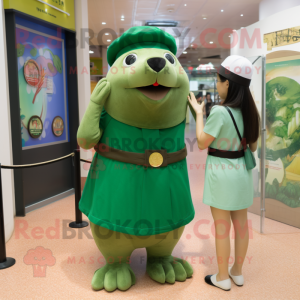 Green Sea Lion mascot costume character dressed with a Mini Skirt and Berets