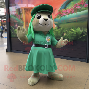 Green Sea Lion mascot costume character dressed with a Mini Skirt and Berets