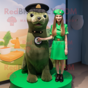 Green Sea Lion mascot costume character dressed with a Mini Skirt and Berets