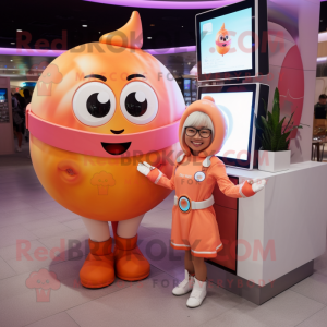 Peach Astronaut mascot costume character dressed with a Maxi Skirt and Smartwatches