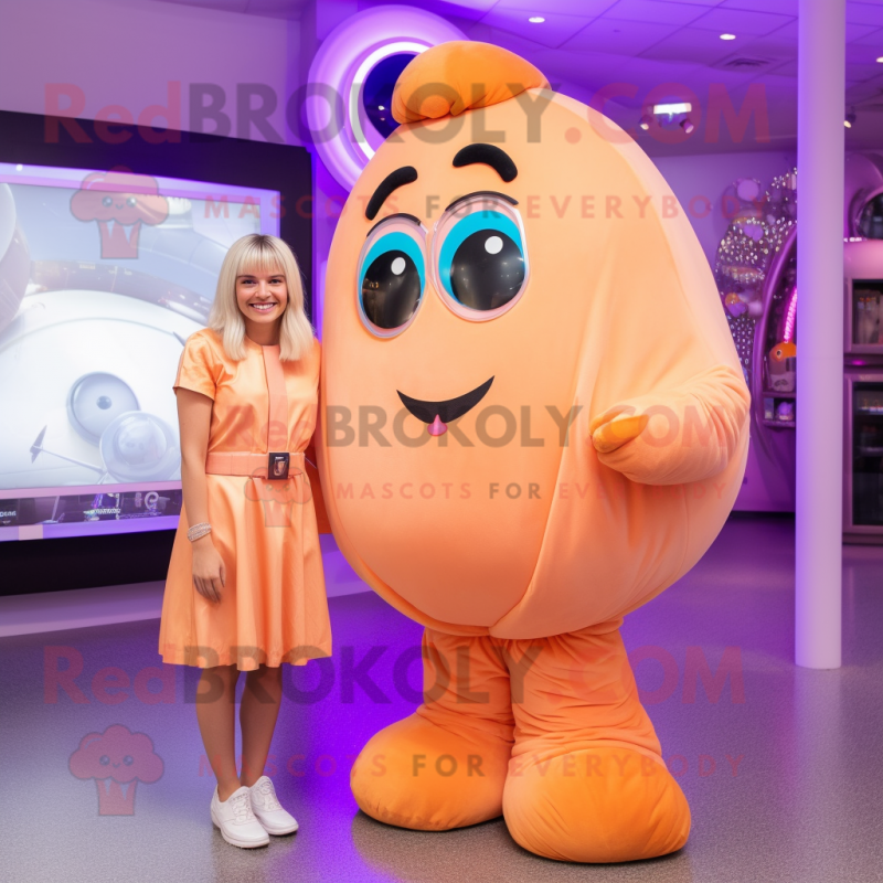 Peach Astronaut mascot costume character dressed with a Maxi Skirt and Smartwatches Peach Astronaut mascot costume character dressed with a Maxi Skirt and Smartwatches