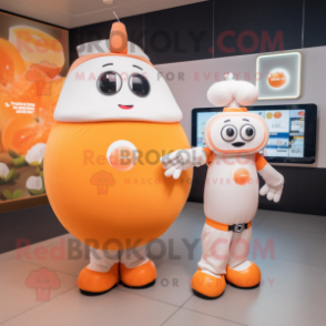 Peach Astronaut mascot costume character dressed with a Maxi Skirt and Smartwatches