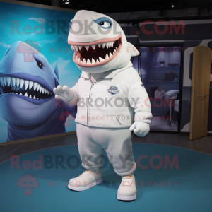 White Megalodon mascot costume character dressed with a T-Shirt and Shoe laces