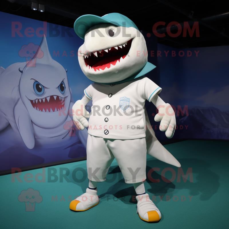 White Megalodon mascot costume character dressed with a T-Shirt and Shoe laces White Megalodon mascot costume character dressed with a T-Shirt and Shoe laces