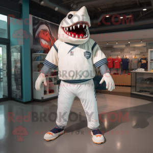 White Megalodon mascot costume character dressed with a T-Shirt and Shoe laces