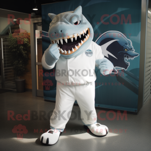 White Megalodon mascot costume character dressed with a T-Shirt and Shoe laces