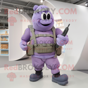 Lavender Commando mascot costume character dressed with a Vest and Shoe laces
