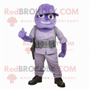 Lavender Commando mascot costume character dressed with a Vest and Shoe laces