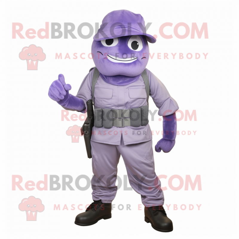 Lavender Commando mascot costume character dressed with a Vest and Shoe laces Lavender Commando mascot costume character dressed with a Vest and Shoe laces