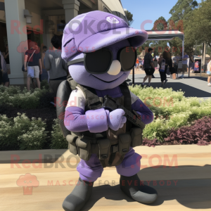 Lavender Commando mascot costume character dressed with a Vest and Shoe laces