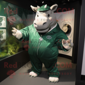 Forest Green Rhinoceros mascot costume character dressed with a Windbreaker and Cufflinks