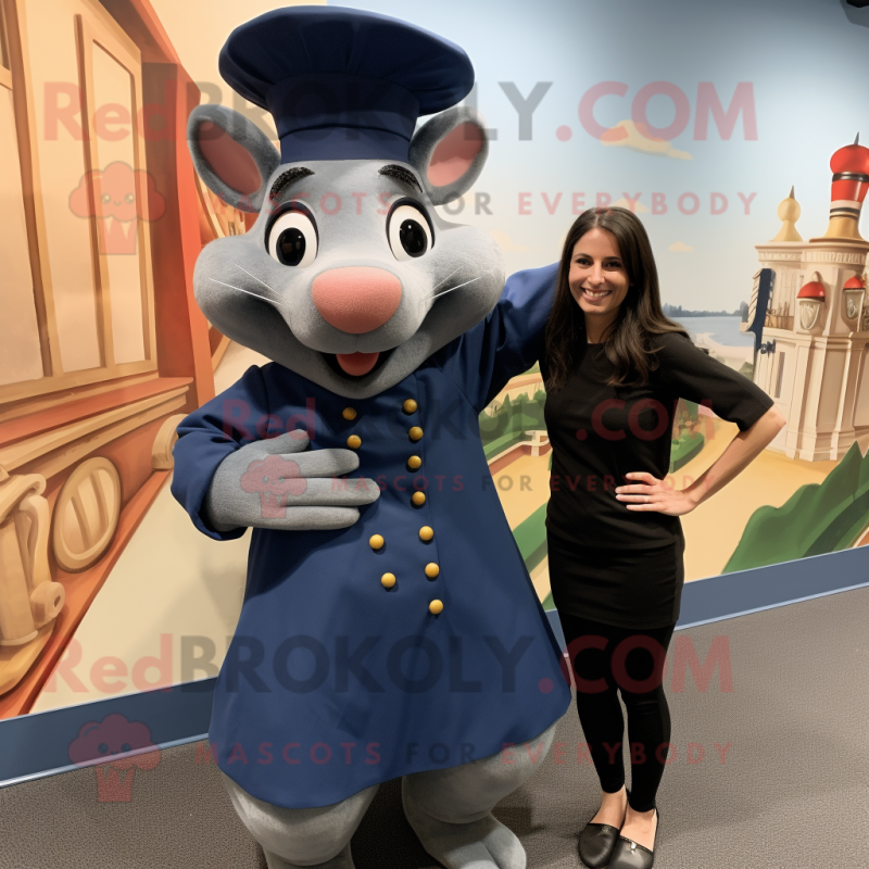 Navy Ratatouille mascot costume character dressed with a Shift Dress and Watches Navy Ratatouille mascot costume character dressed with a Shift Dress and Watches