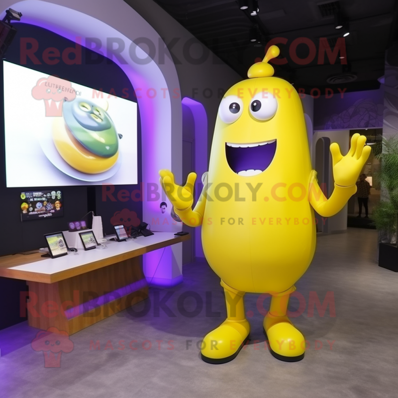 Yellow Eggplant mascot costume character dressed with a Jumpsuit and Digital watches Yellow Eggplant mascot costume character dressed with a Jumpsuit and Digital watches