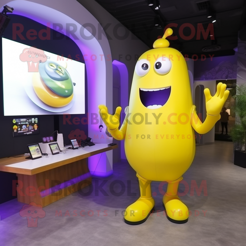 Yellow Eggplant mascot costume character dressed with a Jumpsuit and Digital watches