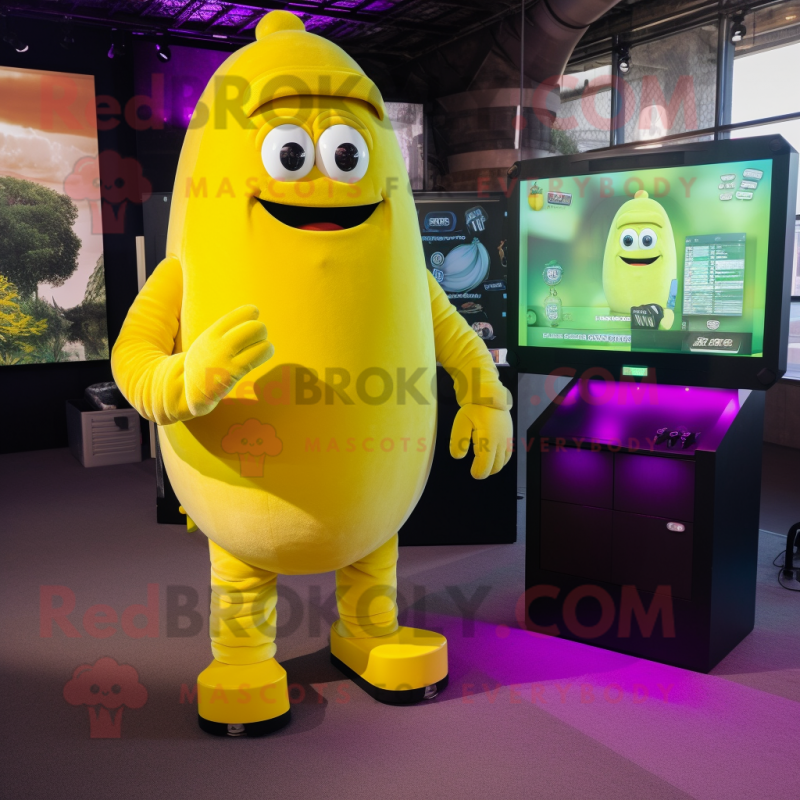 Yellow Eggplant mascot costume character dressed with a Jumpsuit and Digital watches