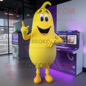 Yellow Eggplant mascot costume character dressed with a Jumpsuit and Digital watches