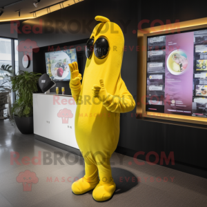 Yellow Eggplant mascot costume character dressed with a Jumpsuit and Digital watches