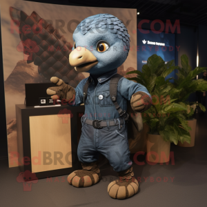 Black Pangolin mascot costume character dressed with a Denim Shirt and Anklets