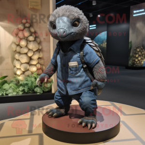 Black Pangolin mascot costume character dressed with a Denim Shirt and Anklets