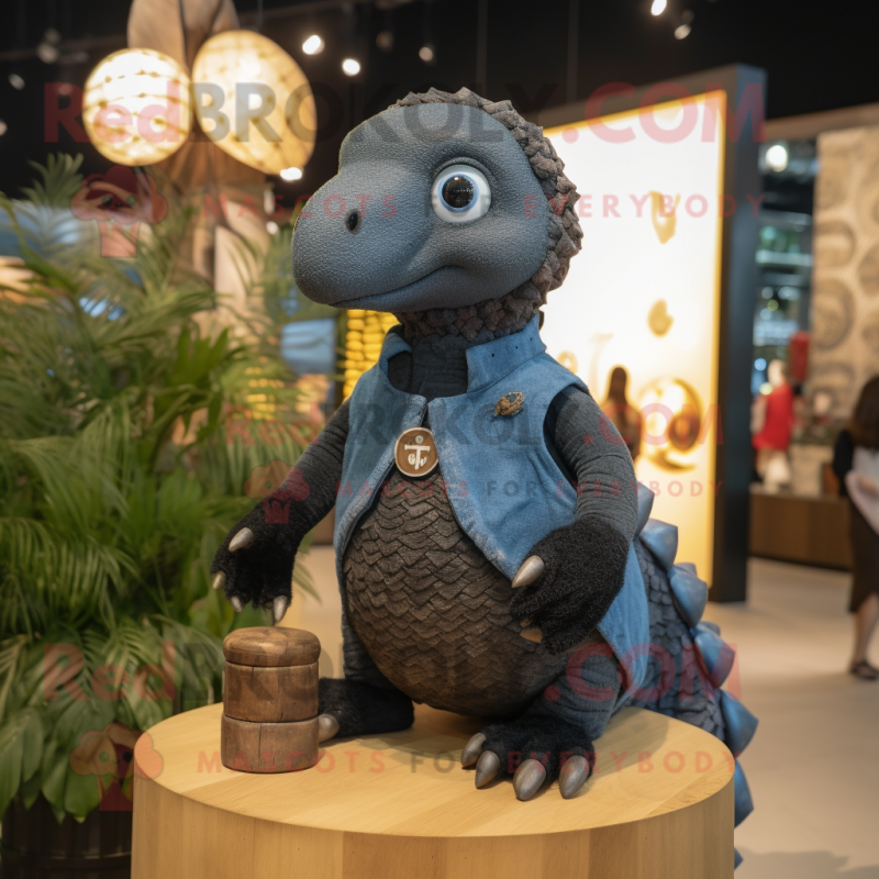 Black Pangolin mascot costume character dressed with a Denim Shirt and Anklets