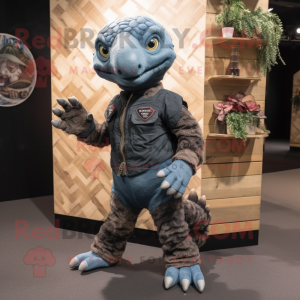 Black Pangolin mascot costume character dressed with a Denim Shirt and Anklets